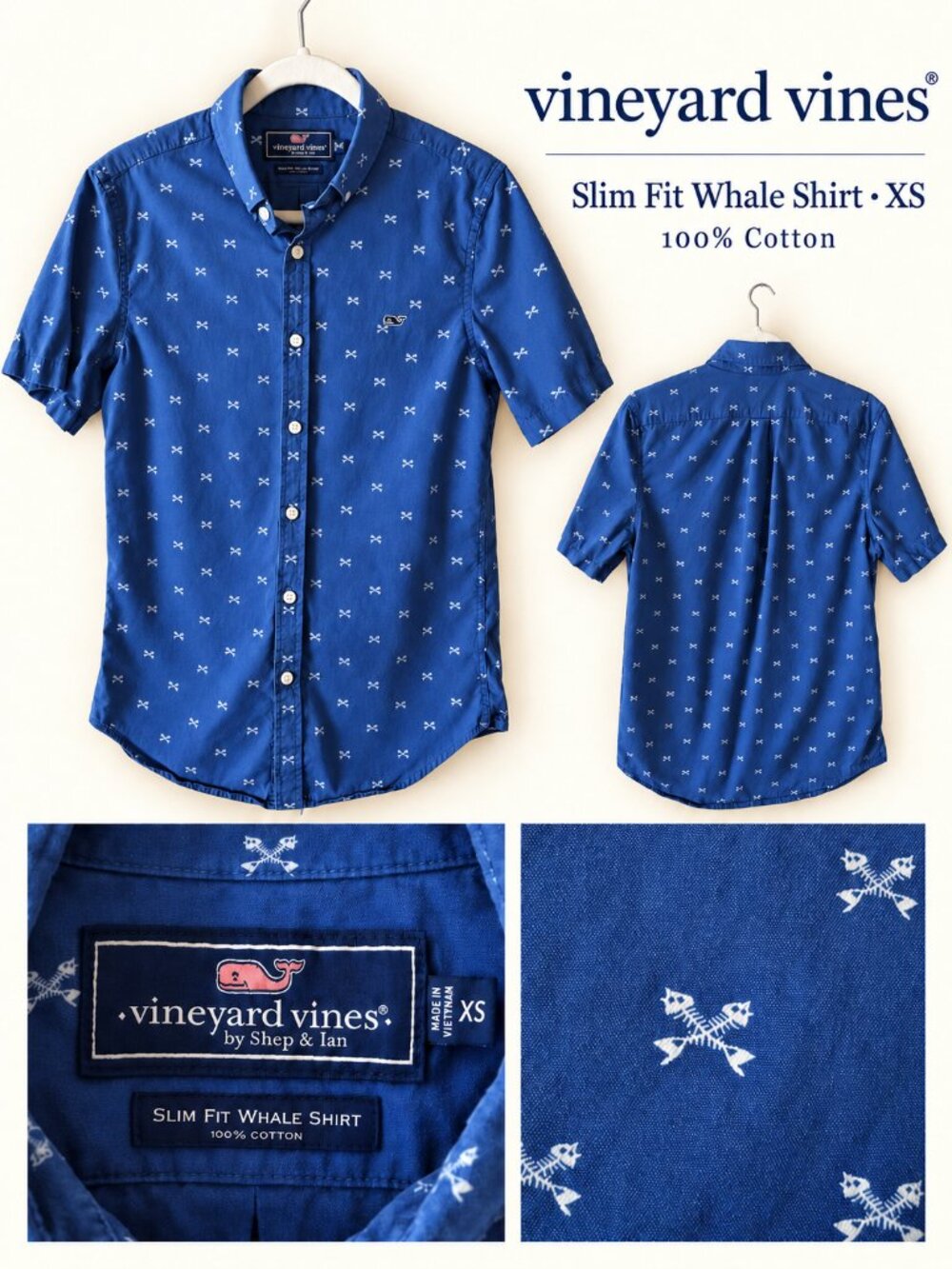 Vineyard Vines Slim Fit Whale Shirt Blue Fishbone Print XS